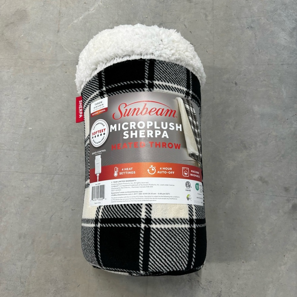 Sunbeam Microplush‎ Sherpa Electric Heated Throw Blanket, White and Black Plaid